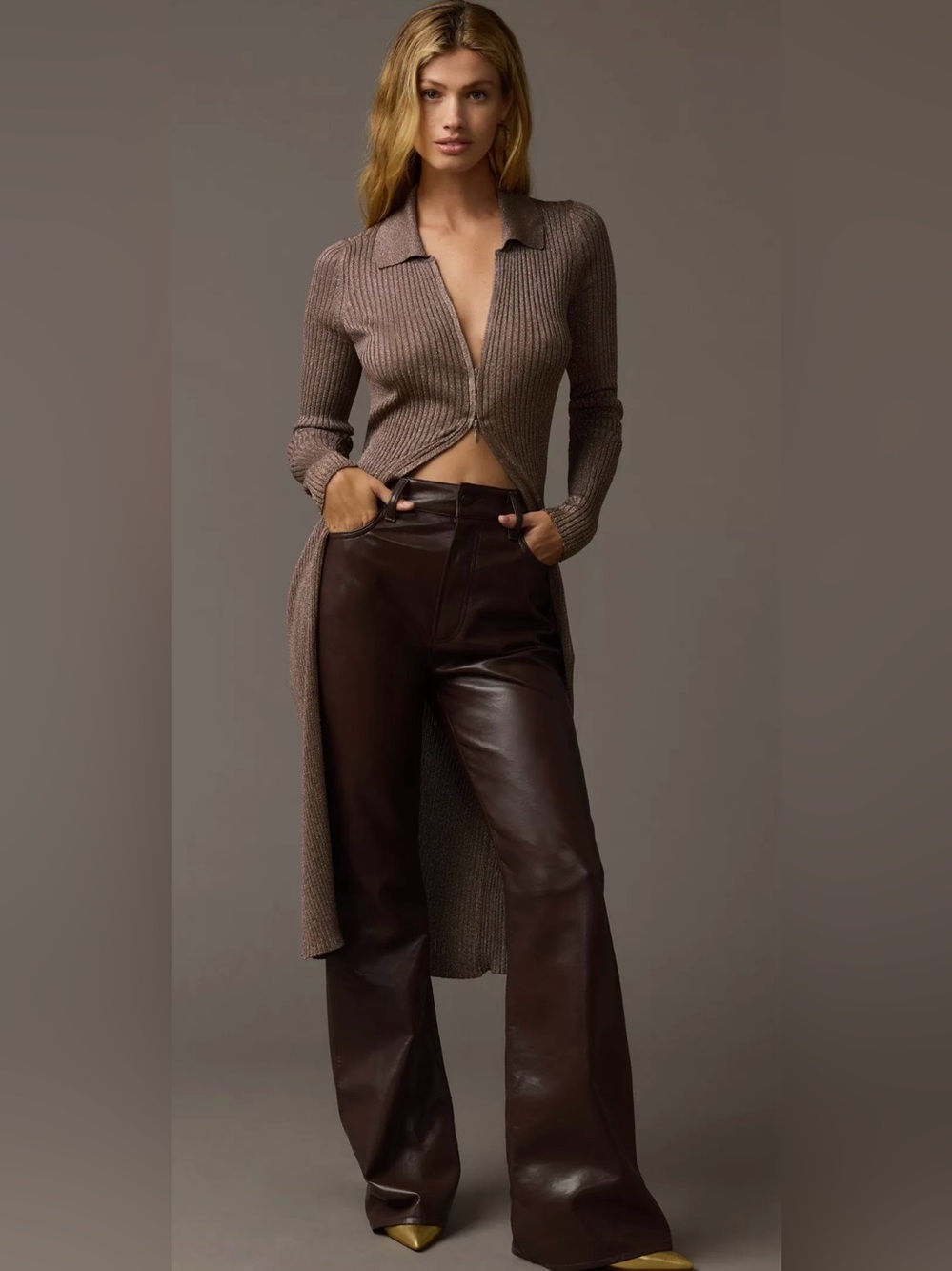 NWT Anthropologie Medium P Ribbed Bronze Metallic Longline Duster Cardigan Zip
